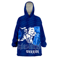 Blue hooded wearable blanket hoodie with front warrior graphic and text