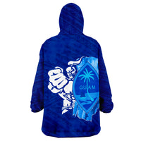 Blue hooded wearable blanket hoodie with back warrior silhouette and Guam shield