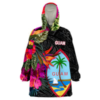 Wearable blanket hoodie, black tropical Guam hibiscus print with flowers and palm trees