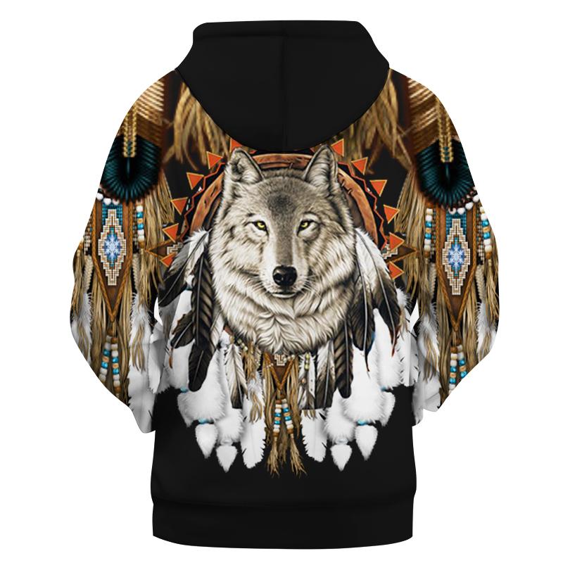 Black pullover hoodie back print with wolf head, dreamcatcher feathers, multicolor accents