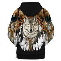 Black pullover hoodie back print with wolf head, dreamcatcher feathers, multicolor accents
