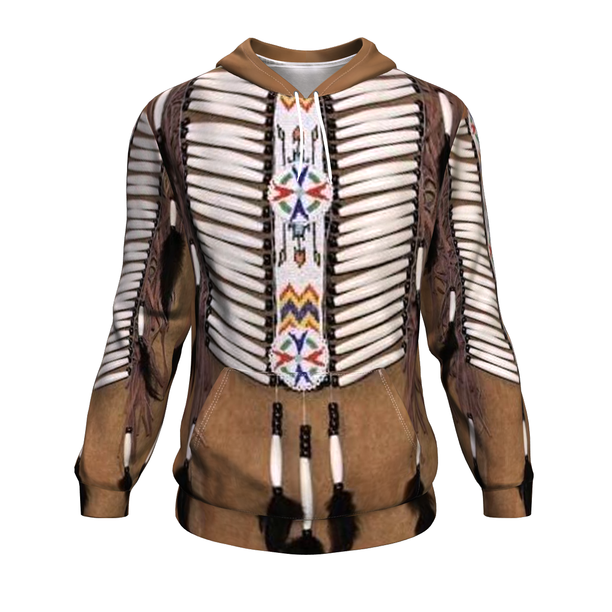 Native American jewelry graphic hoodie, cream pullover with multicolor vertical beadwork