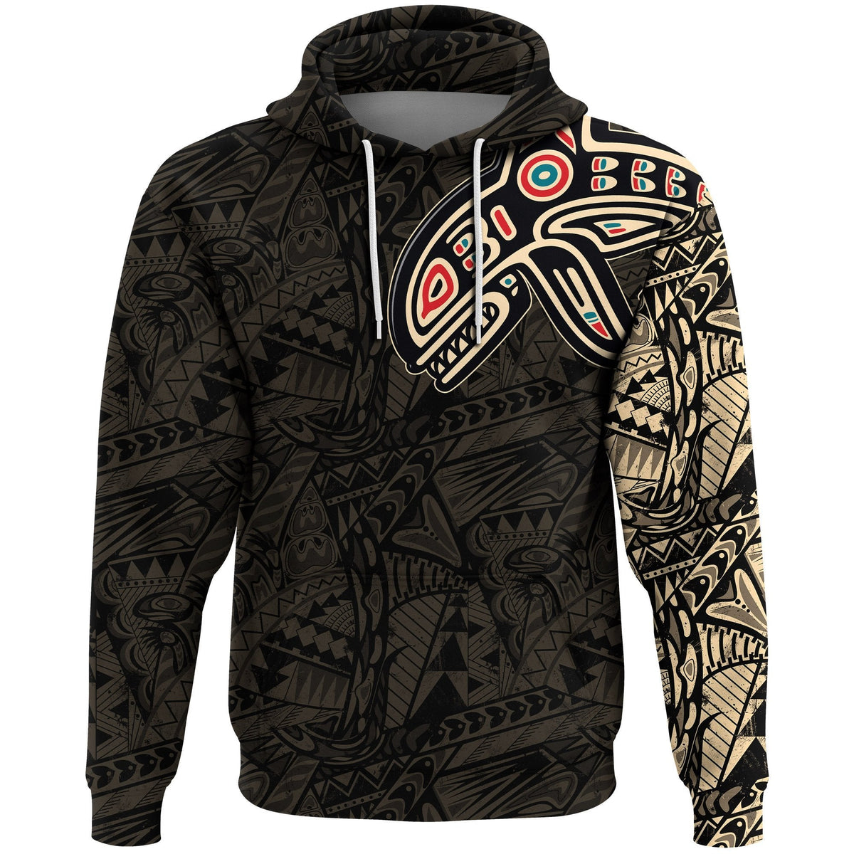 Kapuzenpullover mit Orca-Motiv in Schwarz mit bunten Augen, vorne und Kordelzug