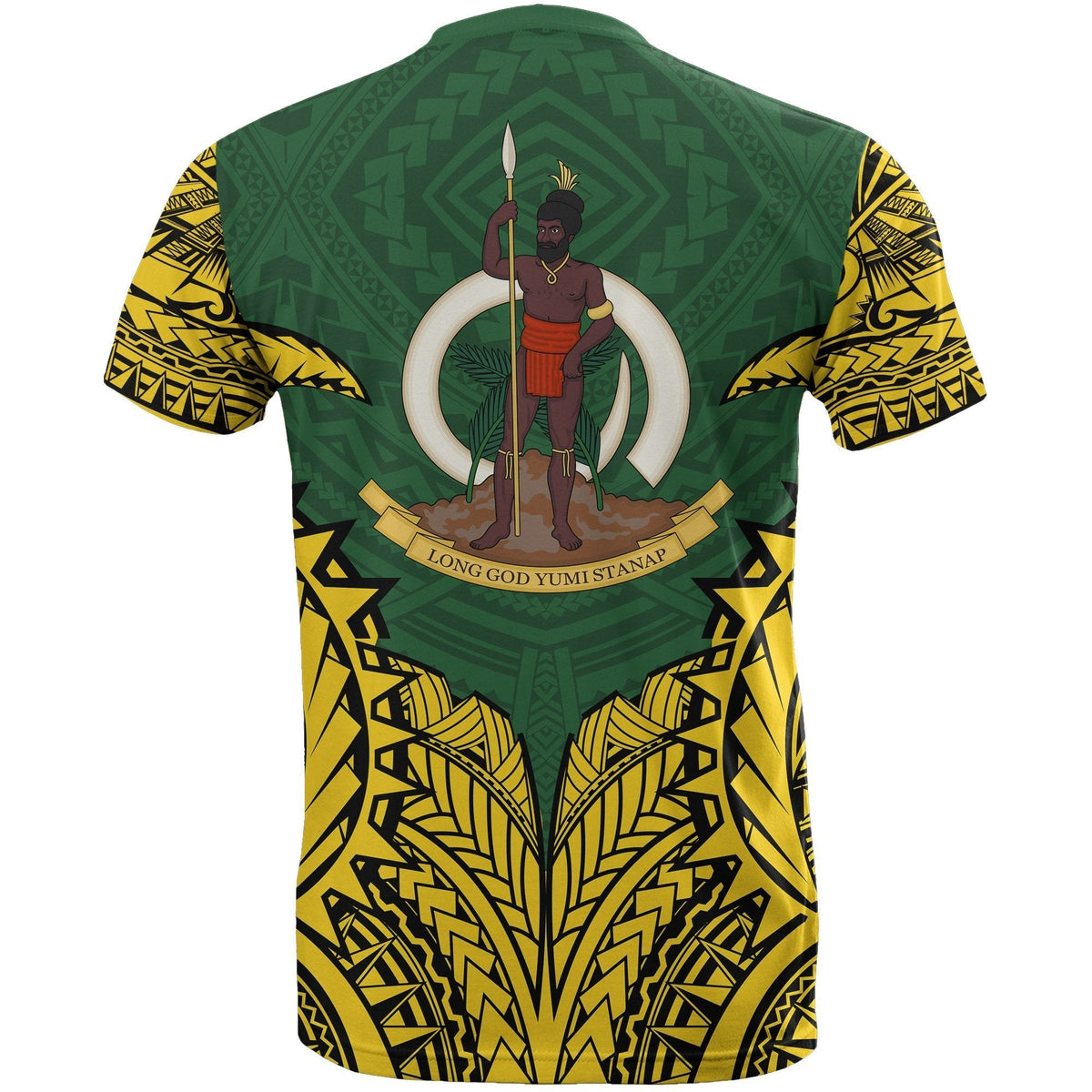 Green Vanuatu T‑shirt with warrior holding spear, banner text and bold tribal sleeve patterns