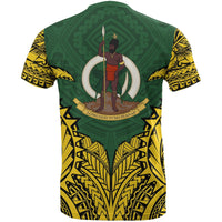 Green Vanuatu T‑shirt with warrior holding spear, banner text and bold tribal sleeve patterns