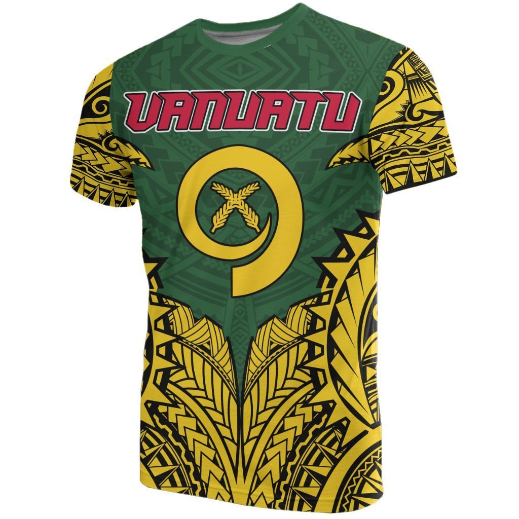 Green Vanuatu T‑shirt with large Polynesian tattoo graphic, yellow circle and red lettering