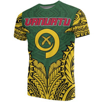 Green Vanuatu T‑shirt with large Polynesian tattoo graphic, yellow circle and red lettering