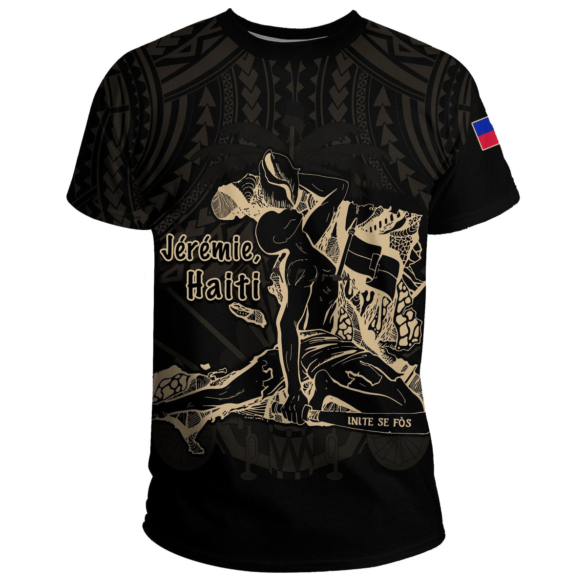 Black T-shirt with front Polynesian pattern and gold Haiti text graphic
