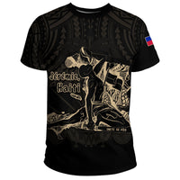Black T-shirt with front Polynesian pattern and gold Haiti text graphic