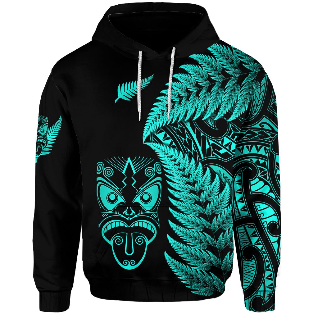 Custom New Zealand Haka Rugby Maori Hoodie Silver Fern Vibes Turquoise LT8 - Wonder Print Shop