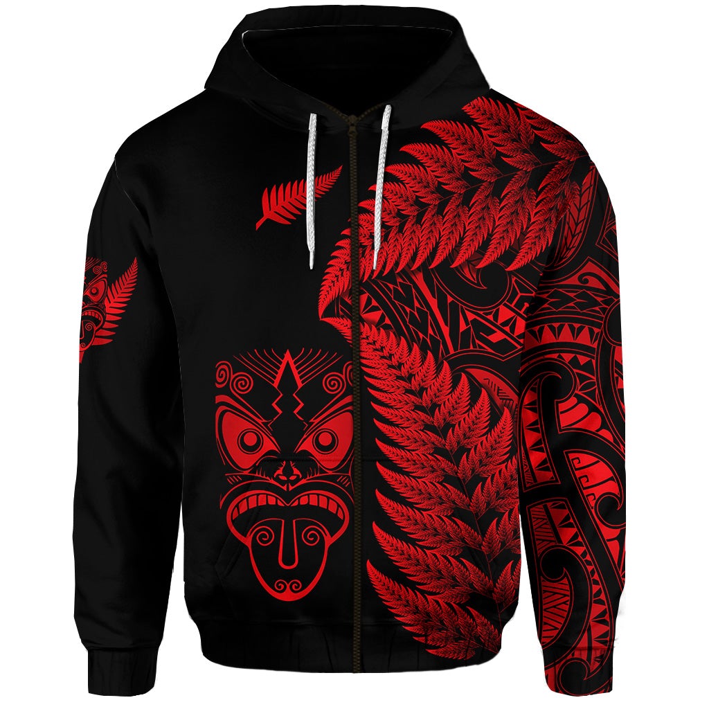 Custom New Zealand Haka Rugby Maori Zip Hoodie Silver Fern Vibes Red LT8 - Wonder Print Shop