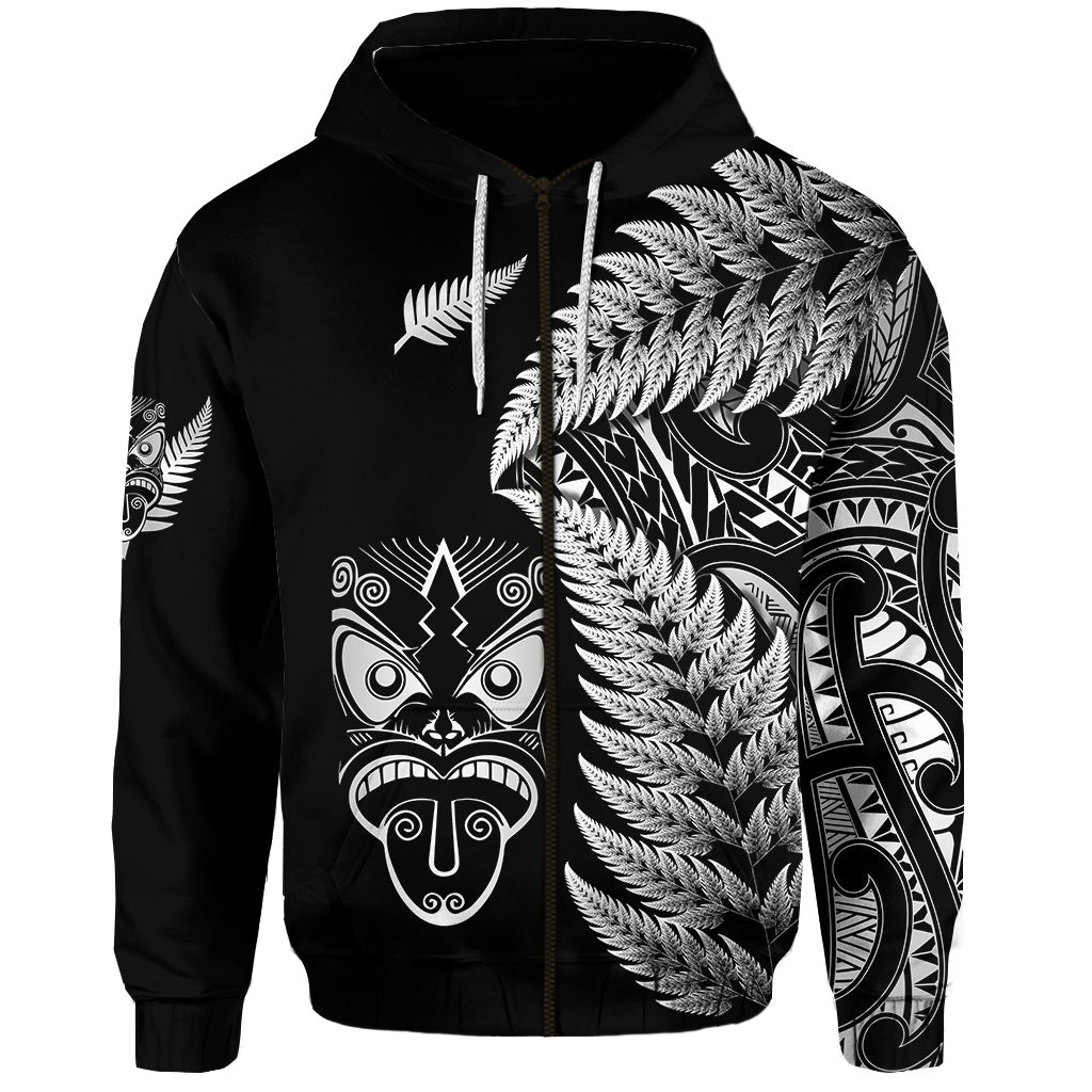 Custom New Zealand Haka Rugby Maori Zip Hoodie Silver Fern Vibes Black LT8 - Wonder Print Shop