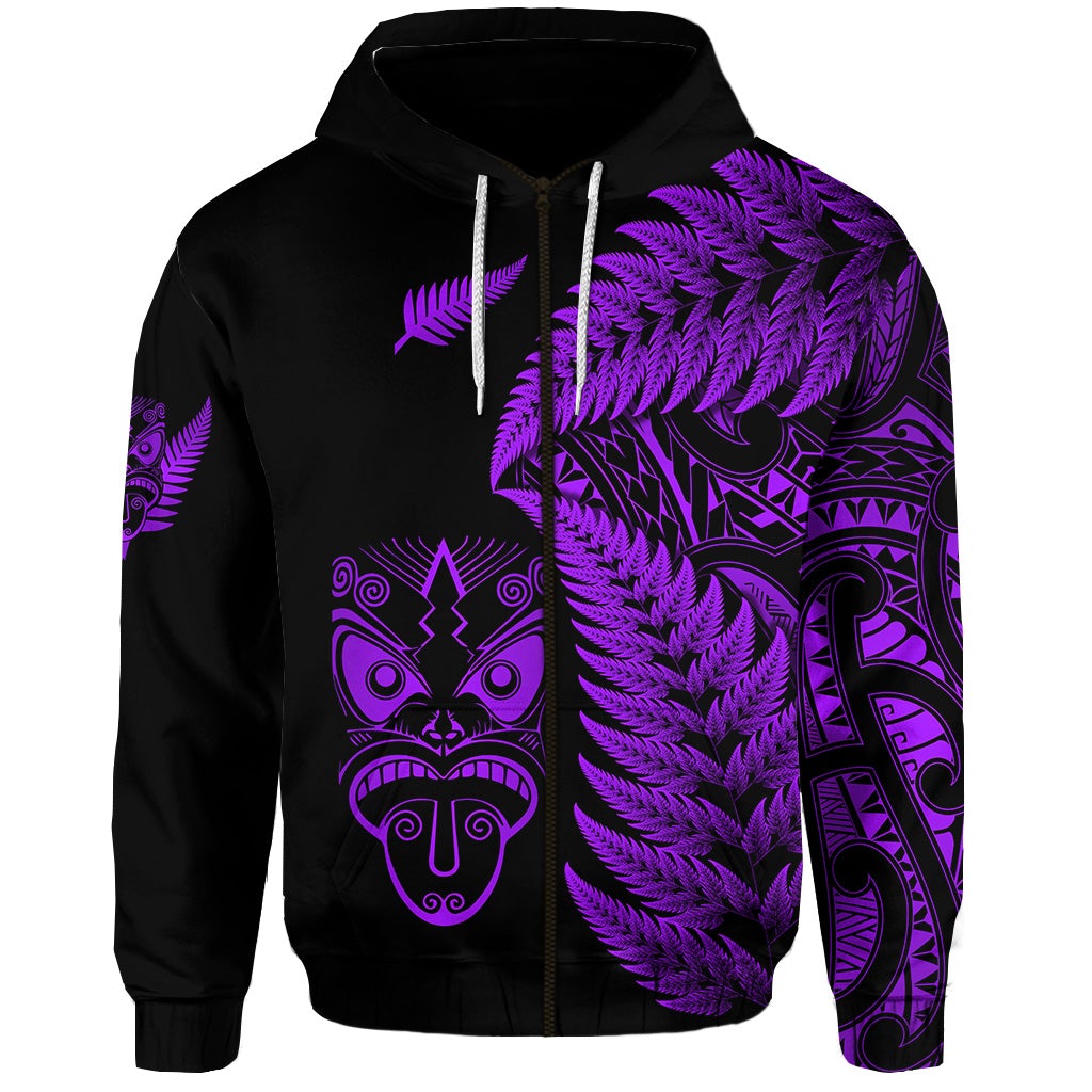 Custom New Zealand Haka Rugby Maori Zip Hoodie Silver Fern Vibes Purple LT8 - Wonder Print Shop