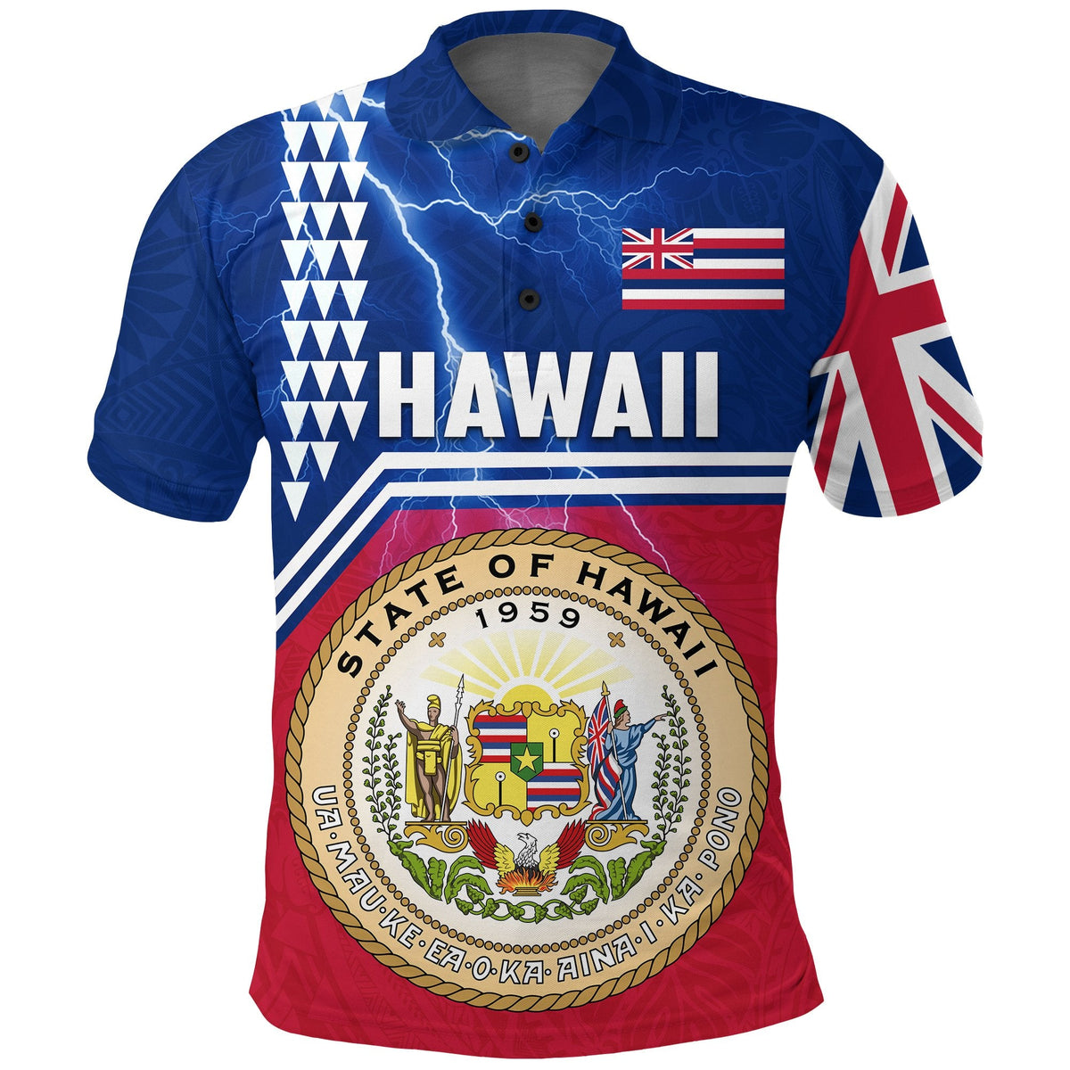 Blue polo shirt with Hawaii seal front graphic and flag-style sleeve panels