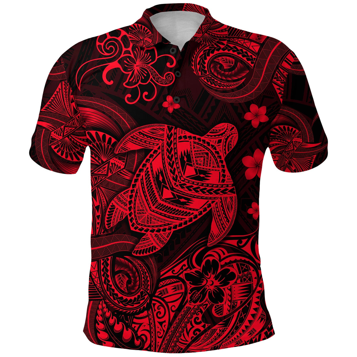 Red and black turtle & plumeria Polynesian polo shirt, button placket and collar