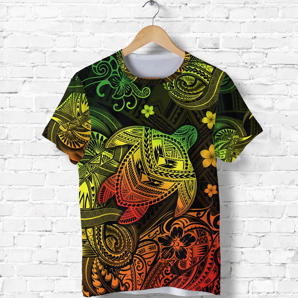 Reggae turtle Polynesian T-shirt with green, yellow, red floral motifs on dark base
