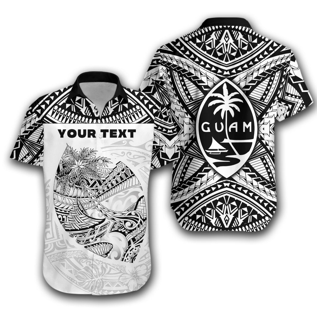 Rugby Hawaiian shirt: black/white tribal print with Guam surf emblem and custom text
