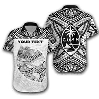 Rugby Hawaiian shirt: black/white tribal print with Guam surf emblem and custom text