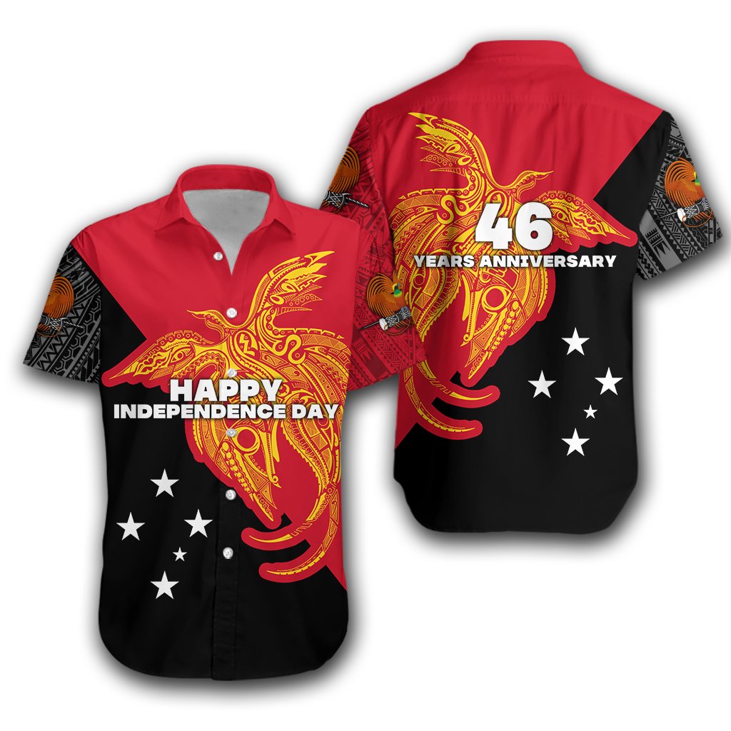 Red and black Hawaiian shirt with yellow Independence Day 46 Years Anniversary graphic