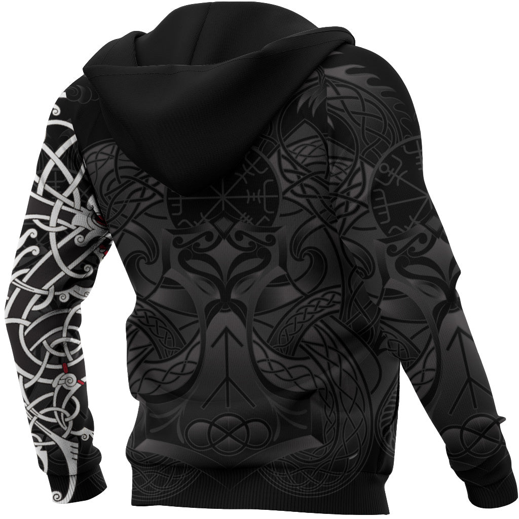 Black pullover hoodie back and side view with Viking dragon tattoo, small red accents