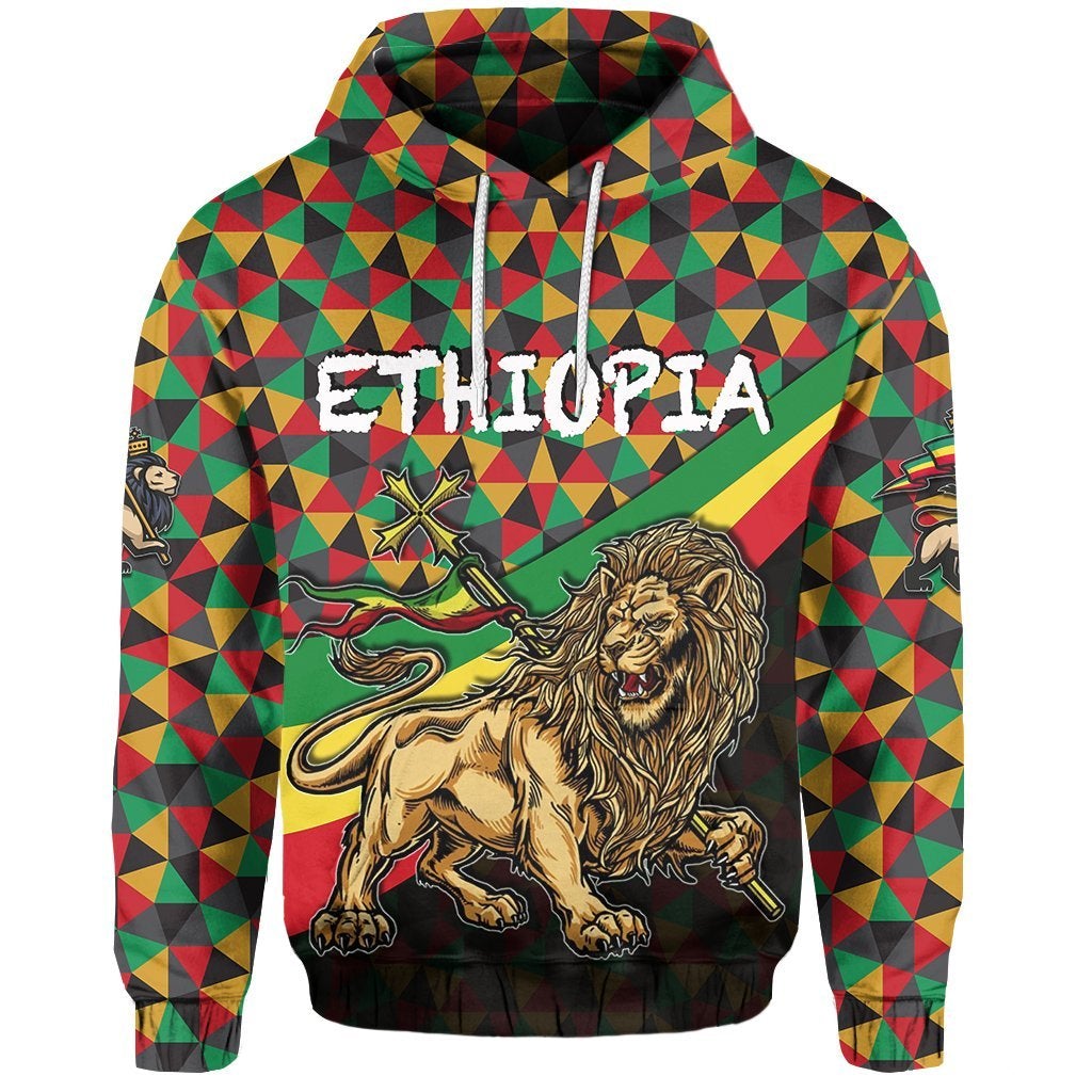 Multicolor pullover hoodie with geometric pattern and Ethiopia text, front lion graphic