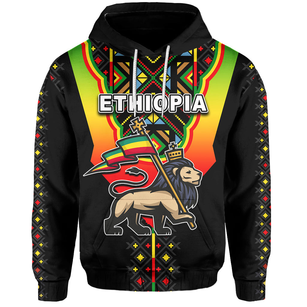 Black pullover hoodie with “ETHIOPIA” front graphic and colorful tribal pattern accents
