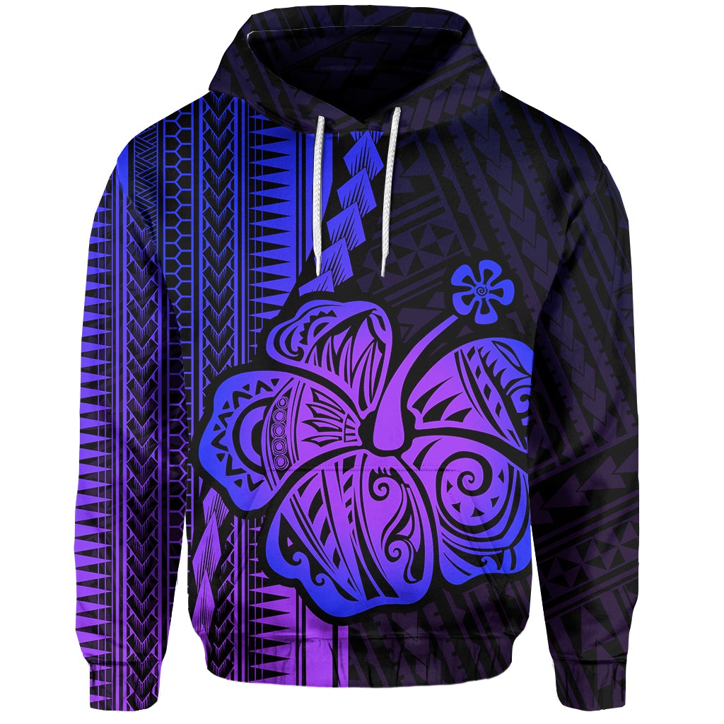Purple pullover hoodie with hood, drawstrings, and large Polynesian hibiscus graphic