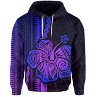 Purple pullover hoodie with hood, drawstrings, and large Polynesian hibiscus graphic