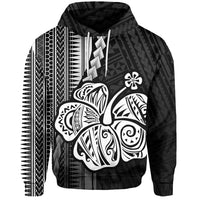 Black hoodie, white hibiscus and tribal print front, hood with drawstrings