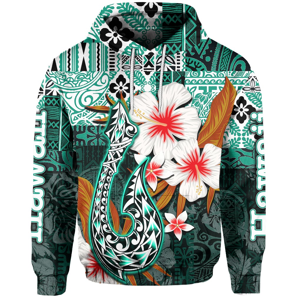 Green fish hook hoodie with white and red floral tropical print and hood