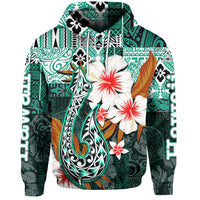 Green fish hook hoodie with white and red floral tropical print and hood
