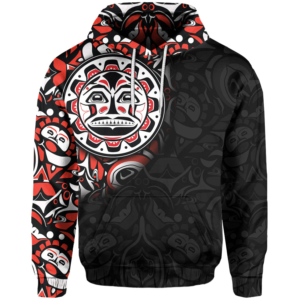 Black hoodie with Haida-style face graphic and red/white patterns, pullover hood.