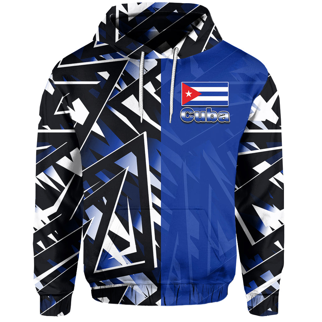 Blue Cuba graphic hoodie with hood and drawstrings, front emblem and geometric pattern