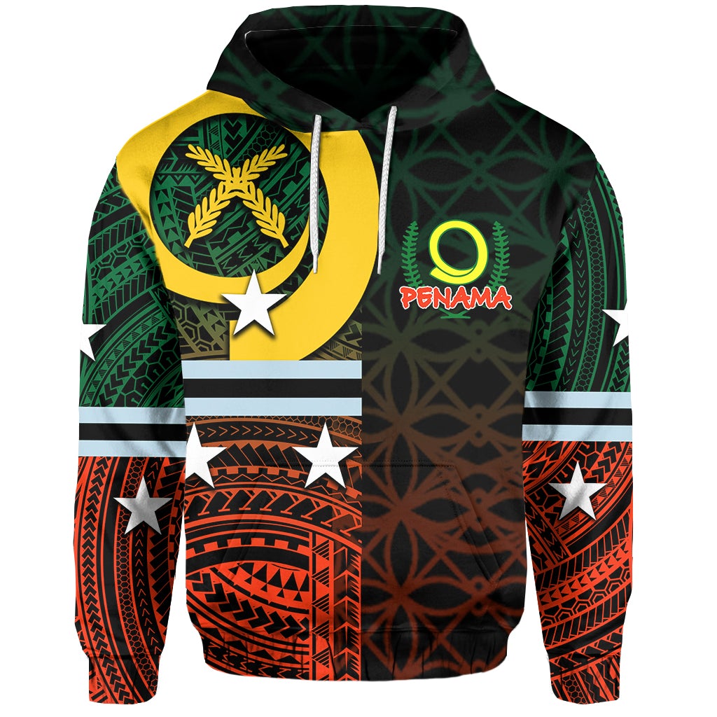 Red custom hoodie with Penama patterns, front kangaroo pocket, hood and drawstrings