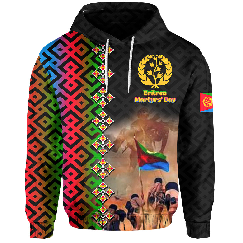 Black hoodie with Eritrea Martyrs' Day front print and gold tree emblem