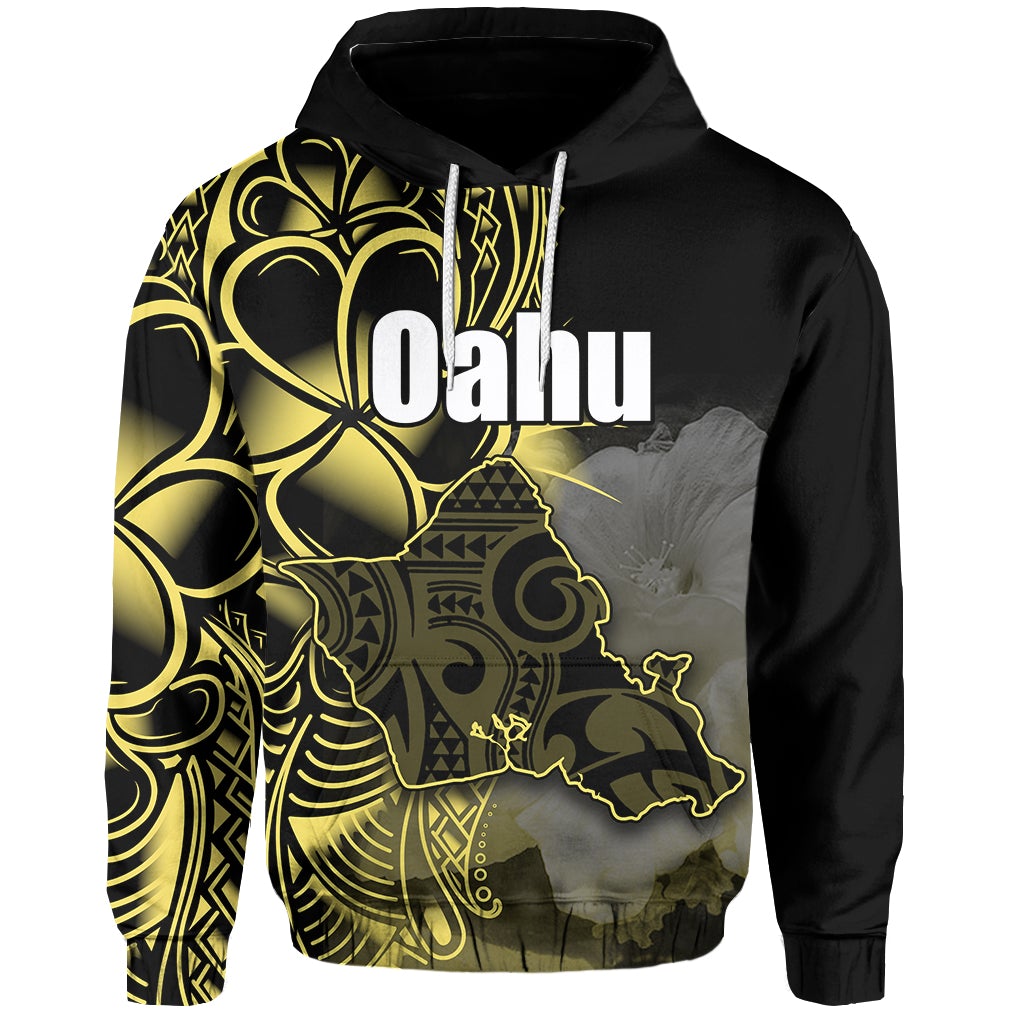 Hoodie Oahu-Design, schwarzer Stoff, gelbe Grafiken und Kapuze mit Kordeln