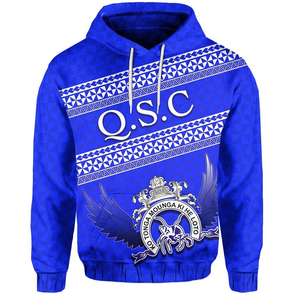 Blue hoodie with front O.S.C graphic, wing crest emblem, drawstring hood
