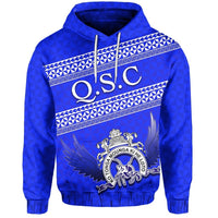 Blue hoodie with front O.S.C graphic, wing crest emblem, drawstring hood