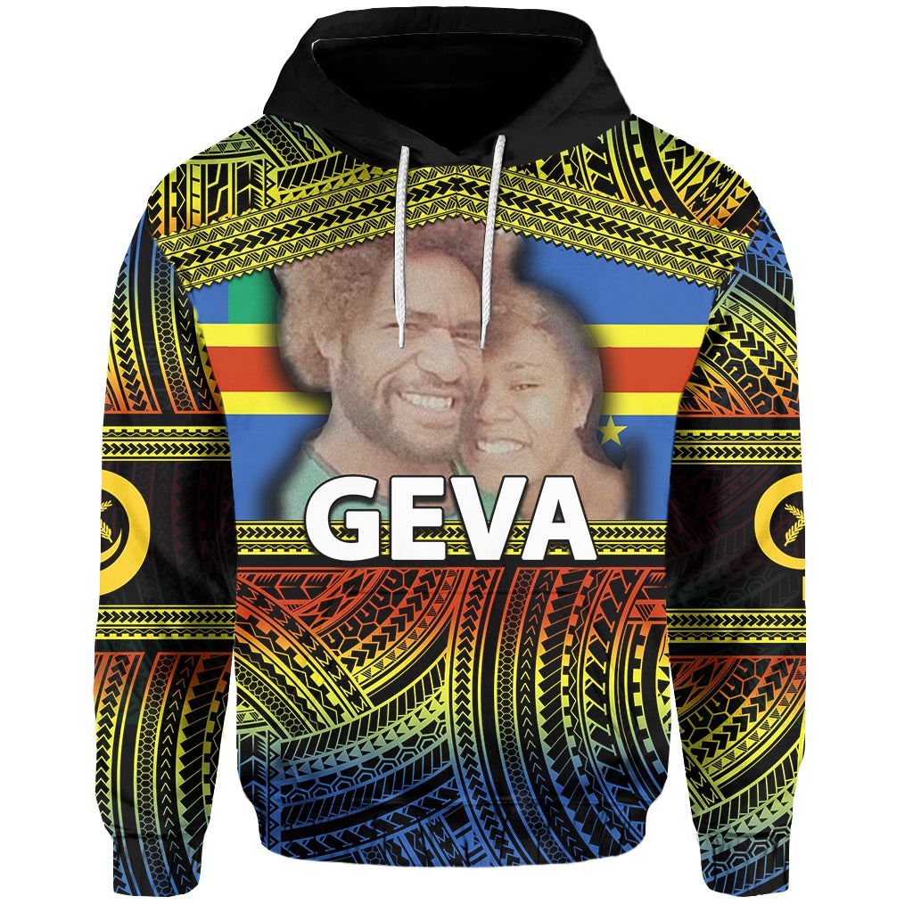 Black hoodie with Polynesian-style geometric pattern and 'GEVA' front print