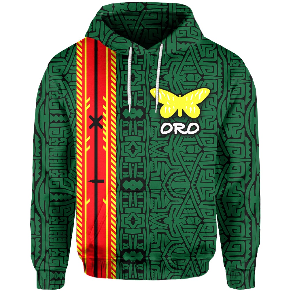 Custom Oro Province hoodie, green, yellow butterfly and drawstring