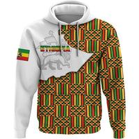 White pullover hoodie with Ethiopia text, lion graphic, flag patch, and multicolor print