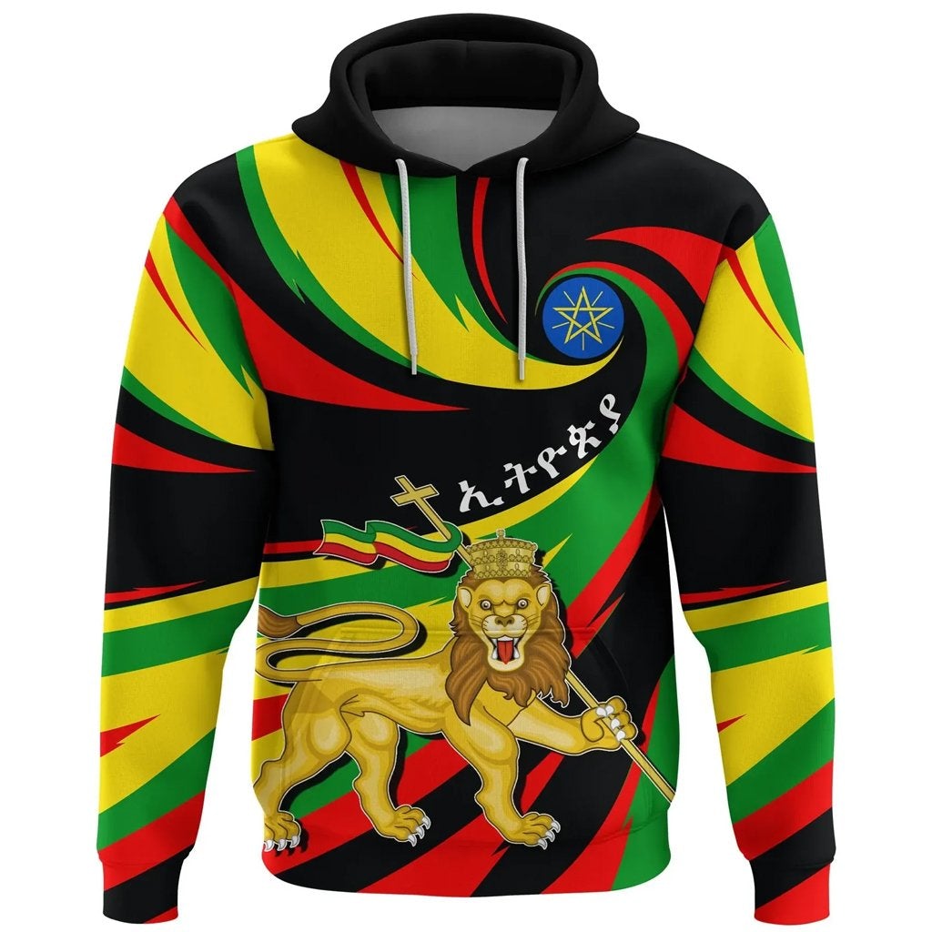 Multicolor Ethiopia-themed pullover hoodie with lion graphic, hood and white drawstrings
