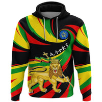 Multicolor Ethiopia-themed pullover hoodie with lion graphic, hood and white drawstrings