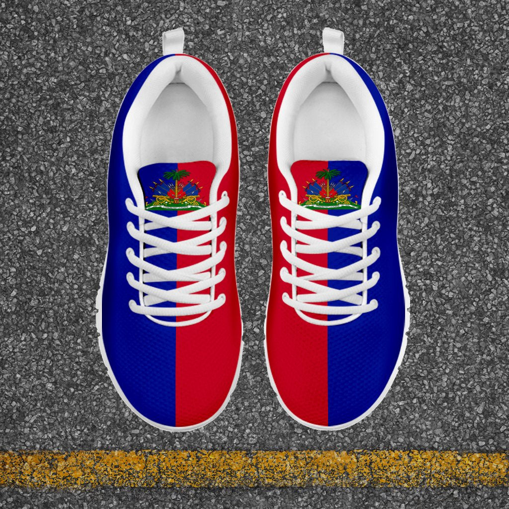 Haiti flag sneakers pair, red and blue uppers, white laces, crest on tongue, front view