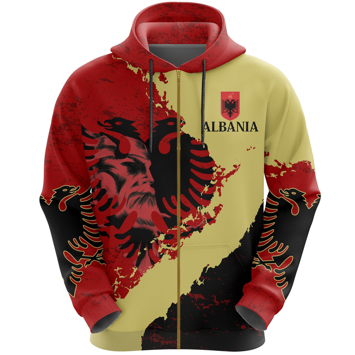 Zip hoodie with Albania lion graphic, red/yellow/black map design and front zipper