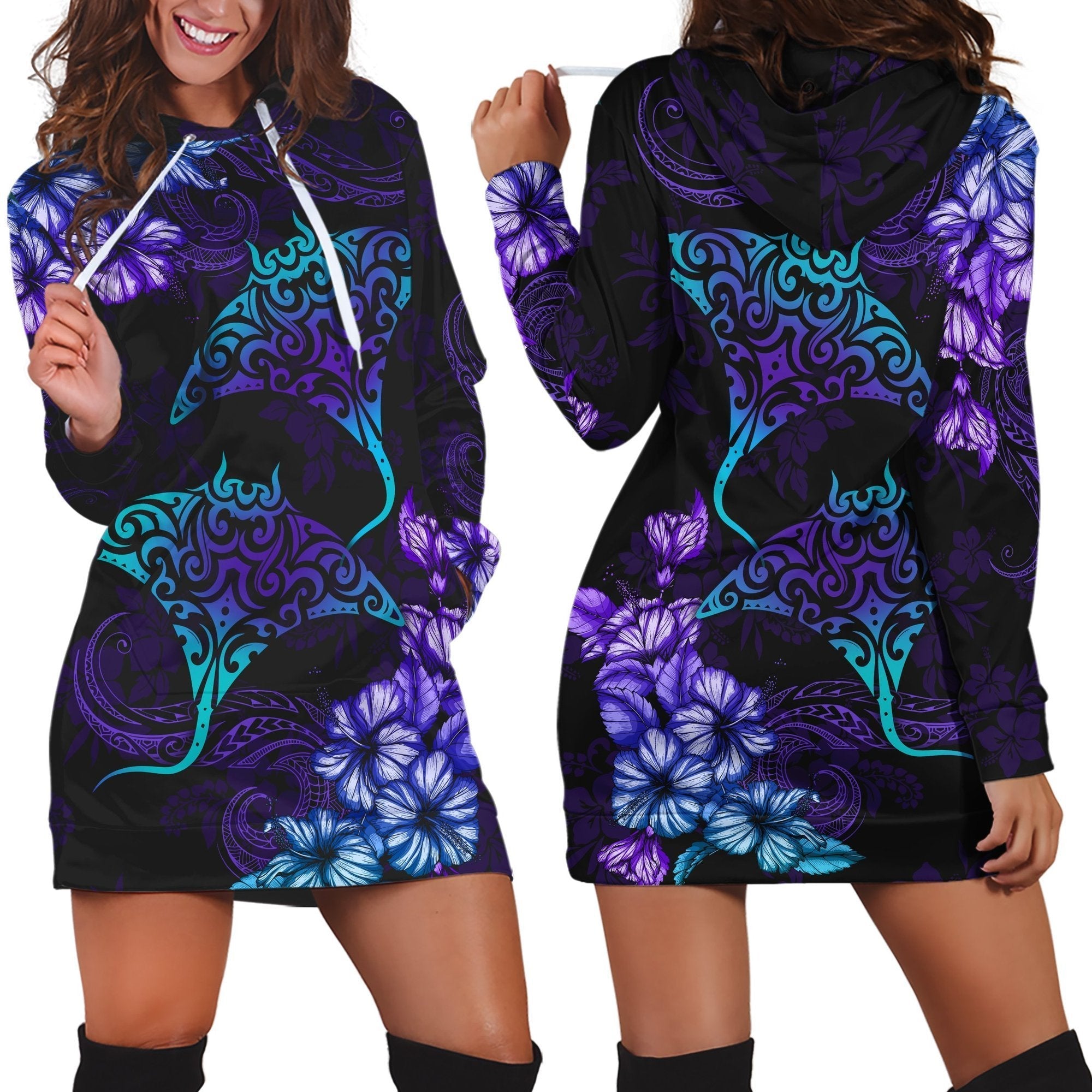 Beautiful Ray Hibiscus Hoodie Dress - AH - Wonder Print Shop