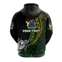 Black hoodie back view with 'YOUR TEXT' print and island crest graphic