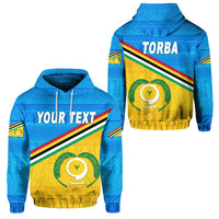 Blue hoodie con capucha, bolsillo canguro y gráfico Torba con "Your Text"
