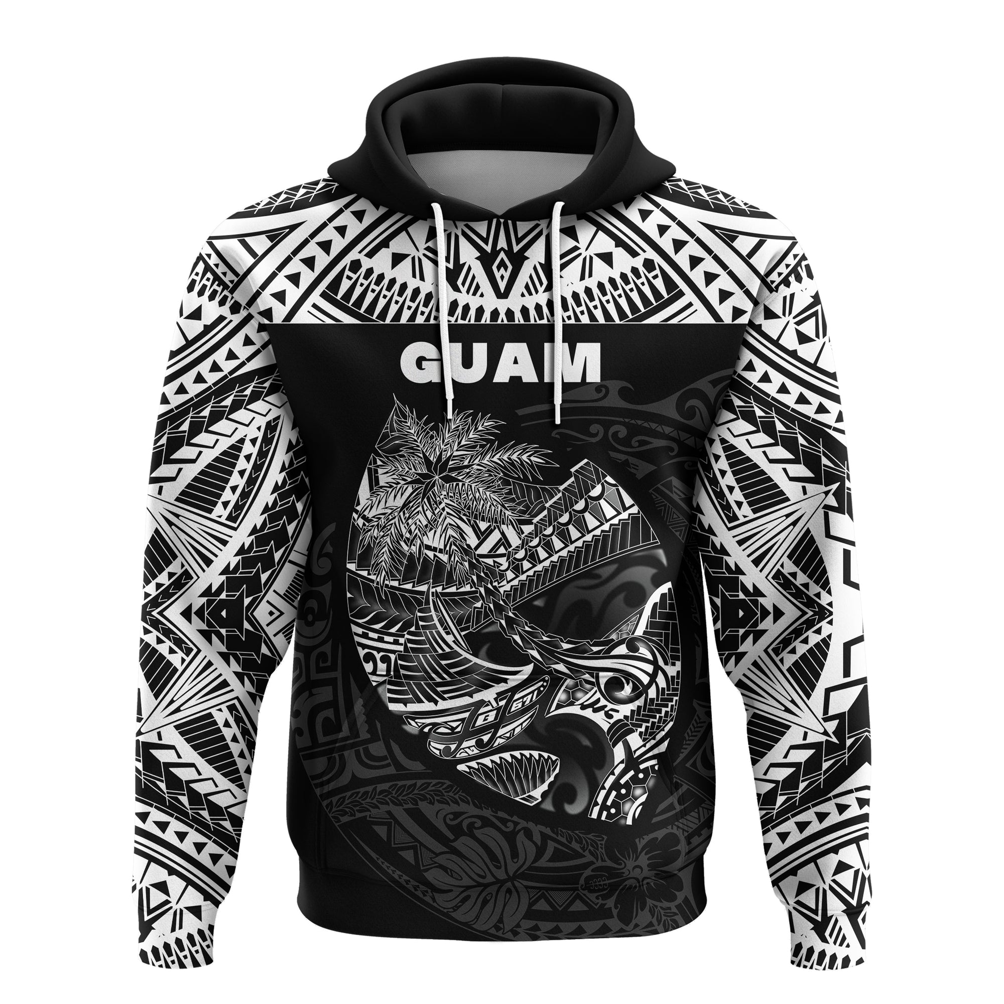 Guam Rugby Hoodie Polynesian Patterns Black LT16 - Wonder Print Shop