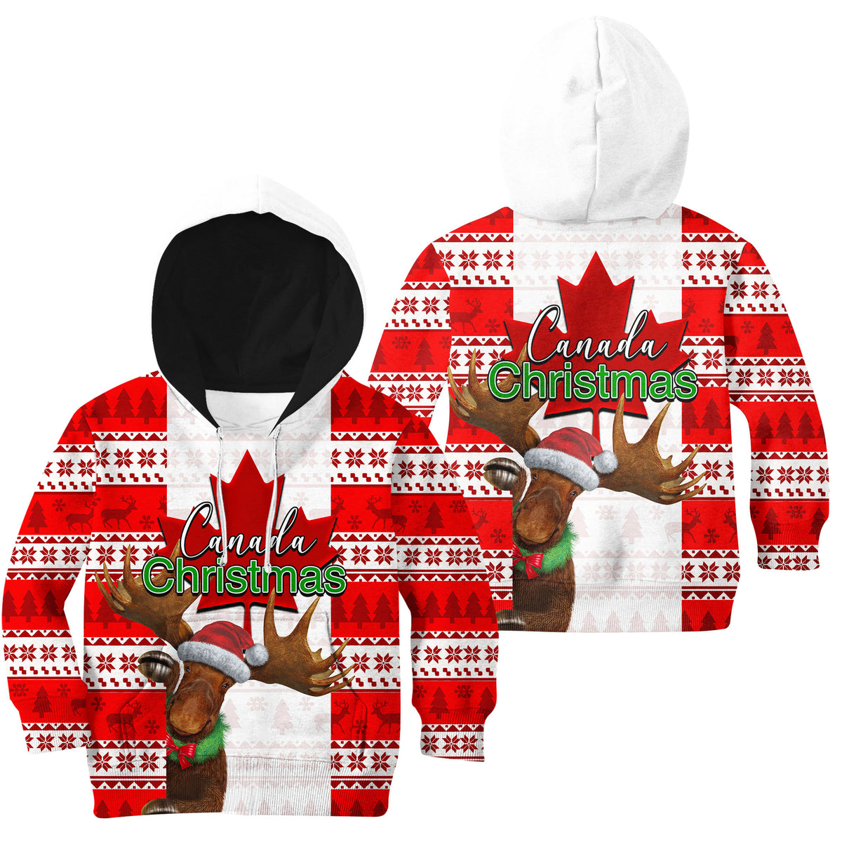 Red kids Christmas moose hoodie with Canada text, black hood lining, pullover style